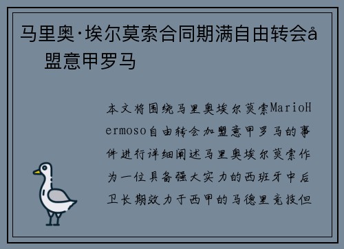 马里奥·埃尔莫索合同期满自由转会加盟意甲罗马